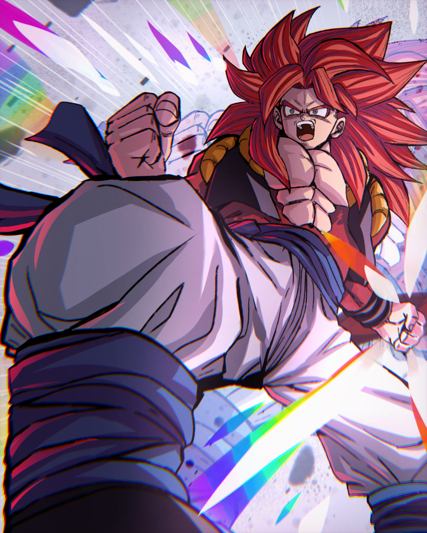 1boy abs absurdres ankleband background_request black_vest blue_ankleband blue_sash chiro_illust clenched_hands commentary_request curtained_hair dragon_ball dragon_ball_gt eyeliner from_below gogeta highres long_hair makeup male_focus metamoran_vest monkey_tail pants pectorals red_eyeliner red_hair sash shade solo spiked_hair super_saiyan super_saiyan_4 tail teeth tongue two-tone_vest upper_teeth_only v-shaped_eyebrows vest white_pants