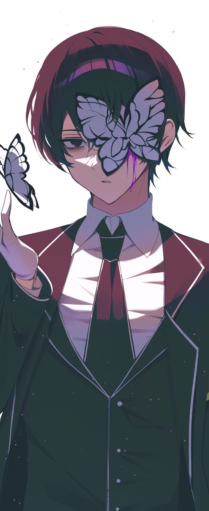 1boy absurdres black_eyes black_hair black_necktie bug butterfly butterfly_over_eye collared_shirt e.g.o_(project_moon) gloves hi_i_dubu highres insect lapels limbus_company lobotomy_corporation_(identity)_(project_moon) looking_at_viewer necktie notched_lapels open_mouth project_moon shirt simple_background solemn_lament_(e.g.o) solo white_background white_butterfly white_gloves white_shirt yi_sang_(project_moon)