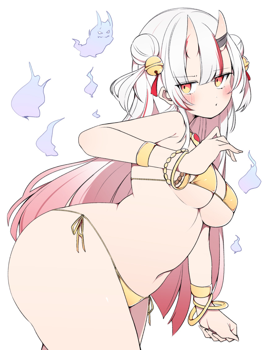 1girl :o absurdres bell bikini blush bracelet breasts double_bun ghost gold_bikini gradient_hair hair_bell hair_between_horns hair_bun hair_ornament highres hololive horns jewelry kouhaku_nawa kuma_no_bansoukou looking_at_viewer medium_breasts multicolored_hair nakiri_ayame navel oni perspective red_eyes red_hair rope shimenawa skin-covered_horns streaked_hair swimsuit thighs underboob virtual_youtuber white_background