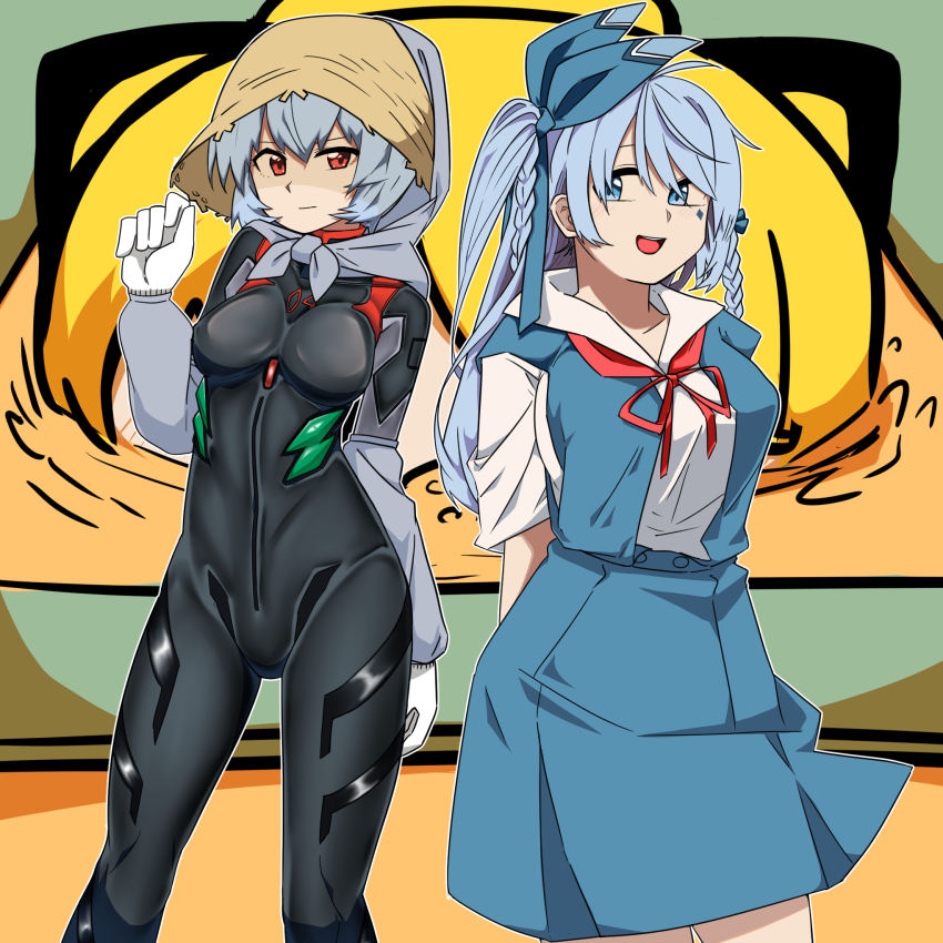 2girls 3girls ayanami_rei ayanami_rei_(cosplay) black_bodysuit blonde_hair blue_bow blue_eyes blue_hair blue_skirt blue_vest blush bodysuit bow braid breasts cloak closed_mouth commentary_request cosplay crossover detached_sleeves emma_hardy evangelion:_3.0+1.0_thrice_upon_a_time feet_out_of_frame gloves grey_cloak grey_sleeves hair_bow headgear highres hood hooded_cloak interface_headset_(evangelion) kurodani_yamame large_breasts long_hair looking_at_viewer mecha_pilot_suit medium_breasts multiple_girls neck_ribbon neon_genesis_evangelion one_side_up open_mouth plugsuit_(evangelion) rebuild_of_evangelion red_eyes red_ribbon ribbon rinyamame science_fiction shirt short_hair skirt smile touhou twin_braids vest white_gloves white_shirt