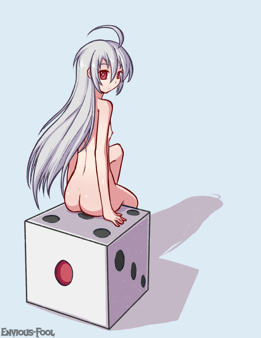 100_percent_orange_juice 1girl ass back dice envious-fool grey_hair highres looking_at_viewer looking_back nude red_eyes simple_background sitting sitting_on_object suguri suguri_(orange_juice)