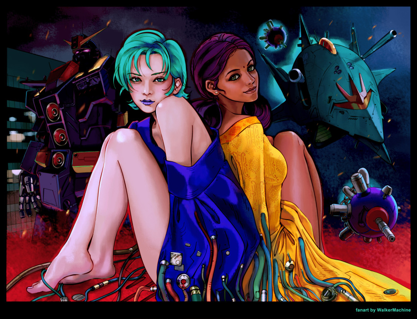 2girls artist_name barefoot black_border blue_eyes blue_hair blue_sweater border breasts cable commentary dark-skinned_female dark_skin double_bun earrings elmeth facial_mark forehead forehead_mark four_murasame glowing glowing_eyes green_eyes gundam hair_behind_ear hair_bun highres jewelry lalah_sune mecha medium_breasts mobile_armor mobile_suit mobile_suit_gundam multiple_girls off_shoulder psyco_gundam purple_eyes purple_hair purple_lips realistic robot sitting smile space sweater v-fin walkermachine zeta_gundam