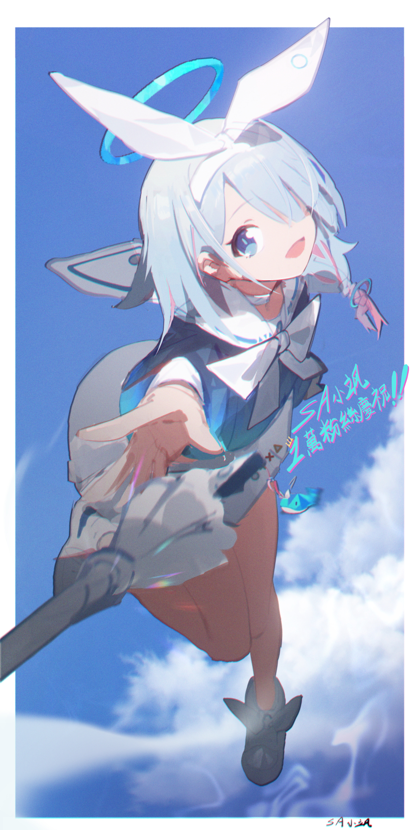 1girl absurdres arona_(blue_archive) blue_archive blue_eyes blue_hair blue_halo blue_shirt blue_sky border closed_umbrella cloud commentary full_body hair_over_one_eye hair_ribbon halo hayate_(1034853996) highres looking_at_viewer medium_hair one_eye_covered open_mouth pink_hair reaching reaching_towards_viewer ribbon shirt sky smile solo translation_request umbrella white_border white_ribbon