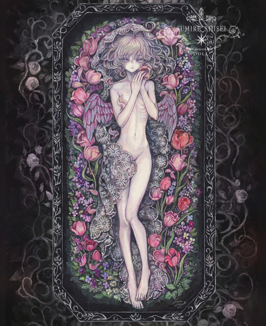 1girl acrylic_paint_(medium) angel_wings barefoot blonde_hair commentary_request completely_nude expressionless feathered_wings flat_chest flower full_body grey_eyes highres looking_at_viewer medium_hair navel nude original painting_(medium) pale_skin plant ribs rose solo sumire_shisei traditional_media tulip veil vines wavy_hair wings