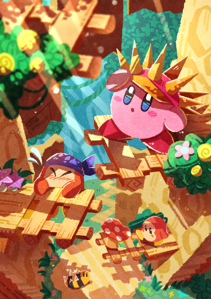 absurdres bandana bandana_waddle_dee blue_bandana blush_stickers cappy_(kirby) closed_eyes copy_ability dappled_sunlight flower flying_sweatdrops highres kirby kirby_(series) needle_kirby needlous nintendo no_humans pink_flower solid_oval_eyes spikes sunlight tree_shade waddle_dee watawata22