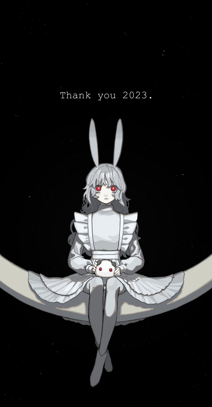 1girl 2023 absurdres animal_ears boots bright_pupils chinese_zodiac closed_mouth colored_skin crescent_moon crossed_ankles dress grey_boots grey_dress grey_hair grey_pantyhose highres long_hair long_sleeves moon on_moon original pantyhose rabbit_ears rabbit_girl red_eyes sitting snow_rabbit solo space star_(sky) star_(symbol) wavy_hair white_pupils white_skin year_of_the_rabbit yoshioka_suke