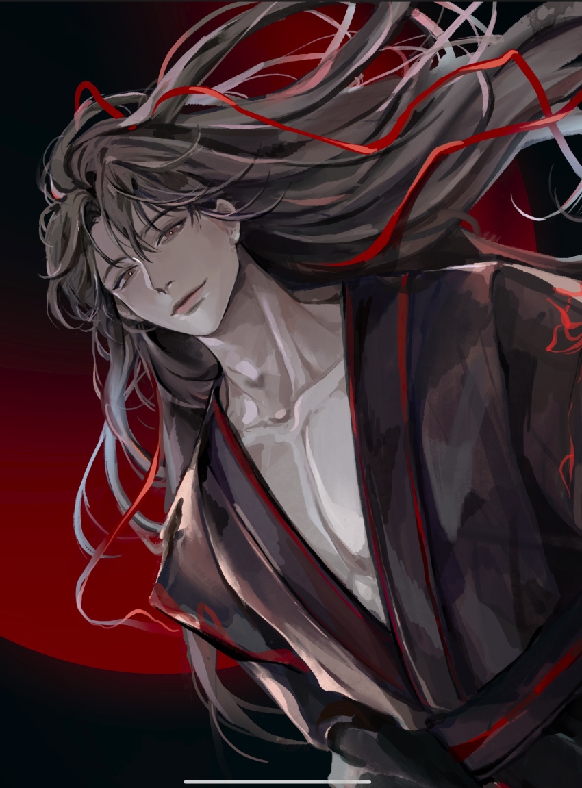 1boy absurdres bishounen black_background black_hair brown_hair chinese_clothes closed_mouth collarbone ddyog dutch_angle floating_hair hair_down hair_ribbon hanfu highres long_hair long_sleeves looking_at_viewer male_focus modao_zushi moon pectorals red_background red_eyes red_moon red_ribbon ribbon sash solo upper_body wei_wuxian wei_wuxian_(yiling_laozu)
