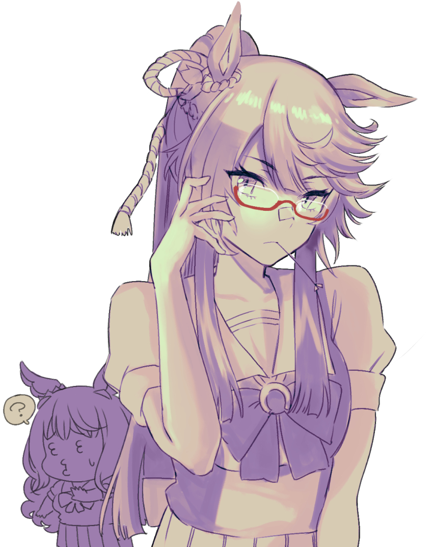 2girls 3_3 ? akaya_shiki animal_ears bespectacled biwa_hayahide_(umamusume) closed_mouth commentary_request ear_ornament glasses hair_between_eyes highres horse_ears horse_girl long_hair looking_at_viewer multiple_girls narita_brian_(umamusume) no_eyewear ponytail puffy_short_sleeves puffy_sleeves purple_theme red-framed_eyewear rope sailor_collar school_uniform semi-rimless_eyewear shimenawa short_sleeves simple_background solo_focus spoken_question_mark tracen_school_uniform umamusume upper_body white_background