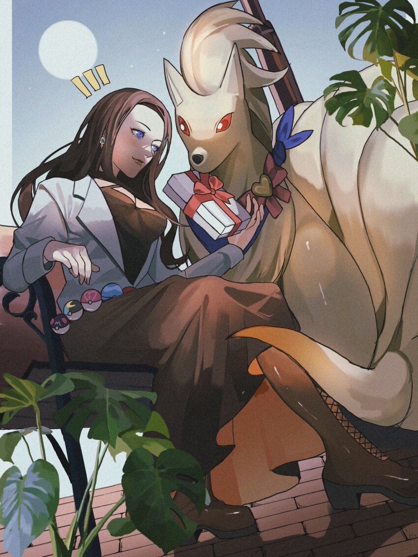 1girl blue_eyes blue_neckerchief boots bow box breasts brick_floor brown_footwear brown_hair brown_lips brown_skirt chair colored_sclera commission dive_ball earrings fox gen_1_pokemon gift gift_box highres jewelry light lips love_ball master_ball medium_breasts moon_ball mouth_hold neckerchief ninetales nintendo original plant poke_ball pokemon pokemon_(creature) red_eyes red_sclera reo_(mmocc123) sitting skeb_commission skirt smile