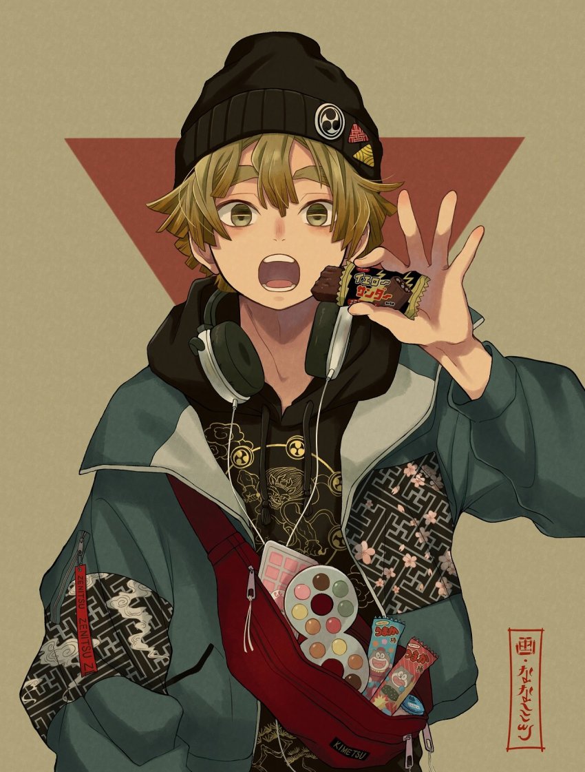 1boy agatsuma_zenitsu artist_name bad_id bad_twitter_id beanie black_shirt blonde_hair blue_coat candy candy_bar character_name coat contemporary drawstring food hat headphones headphones_around_neck high_eight_(candy) highres holding holding_food hood hoodie kimetsu_no_yaiba knapsack looking_at_viewer male_focus mitsudomoe_(shape) nanaminn open_clothes open_coat open_mouth print_coat print_shirt shirt short_hair signature solo standing tomoe_(symbol) umaibou yellow_eyes zipper