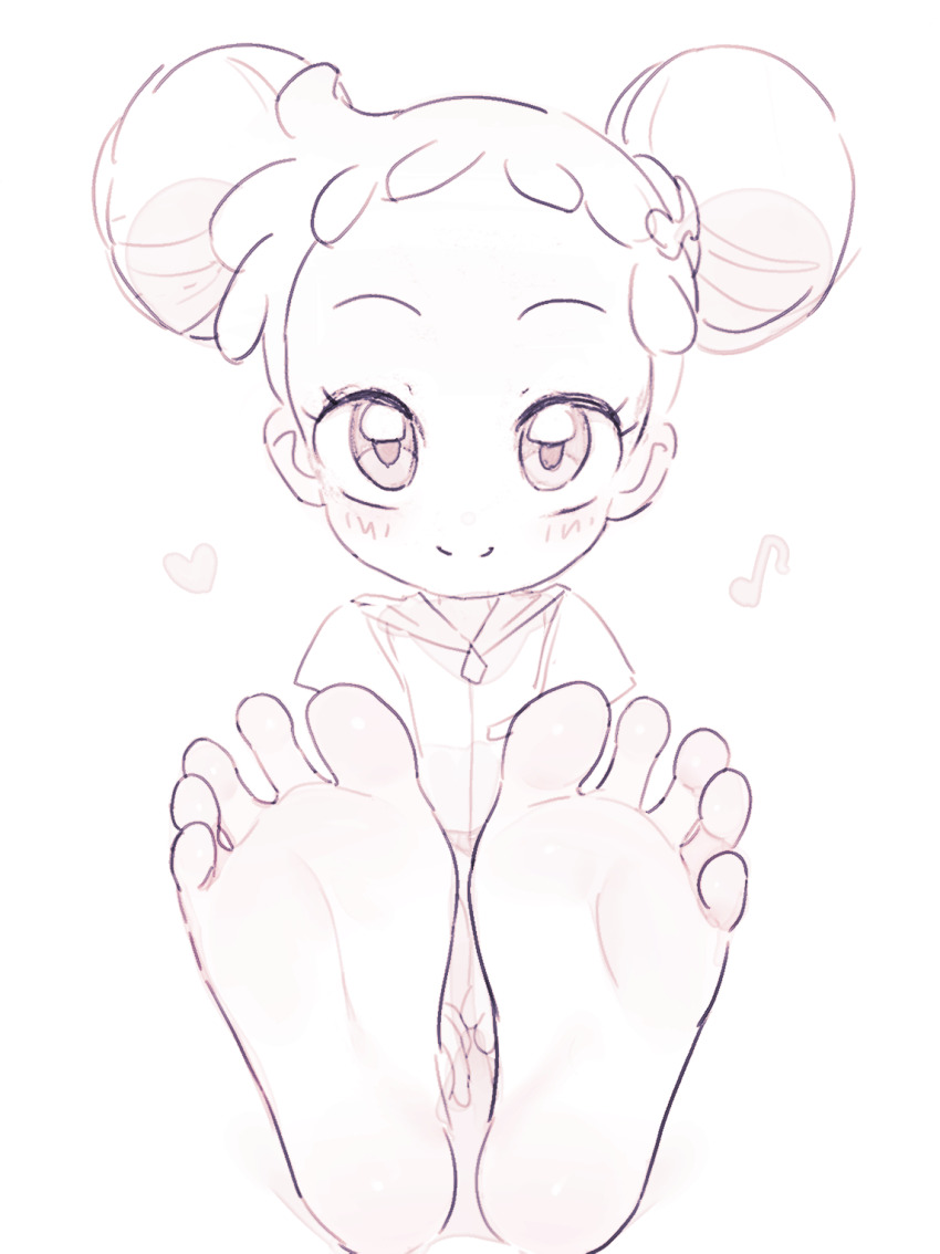 1girl blush double_bun eyelashes feet foot_focus forehead hair_bun harukaze_doremi heart highres hood hoodie monochrome musical_note ojamajo_doremi quarter_note rodecchi simple_background smile white_background