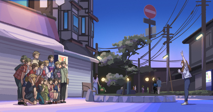 5boys 6+girls animal_hat arm_up bag black_hair blonde_hair brown_hair cable camera dog_hat fuyuhino glasses grey_hair group_picture hariya_kaho hat hibike!_euphonium highres holding holding_camera house japanese_clothes kamaya_suzume kamaya_tsubame kamiishi_yayoi katou_hazuki kawashima_sapphire kimono kitayama_tairu kuroe_mayu leaning_forward medium_hair multiple_boys multiple_girls people road_sign short_hair sign smile stop_sign suzuki_mirei suzuki_satsuki takami_suguru takigawa_chikao tsukamoto_shuuichi tsukinaga_motomu v yoshii_sari