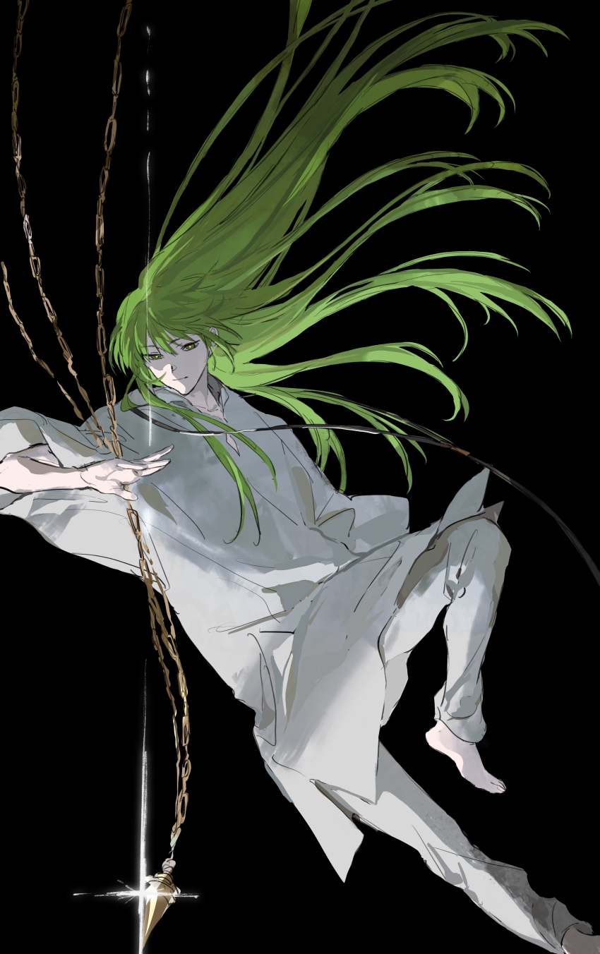 1boy absurdres chain dress enkidu_(fate) fate/grand_order fate_(series) floating_hair green_eyes green_hair highres long_hair looking_at_viewer mimulishizi pants solo very_long_hair white_dress white_pants