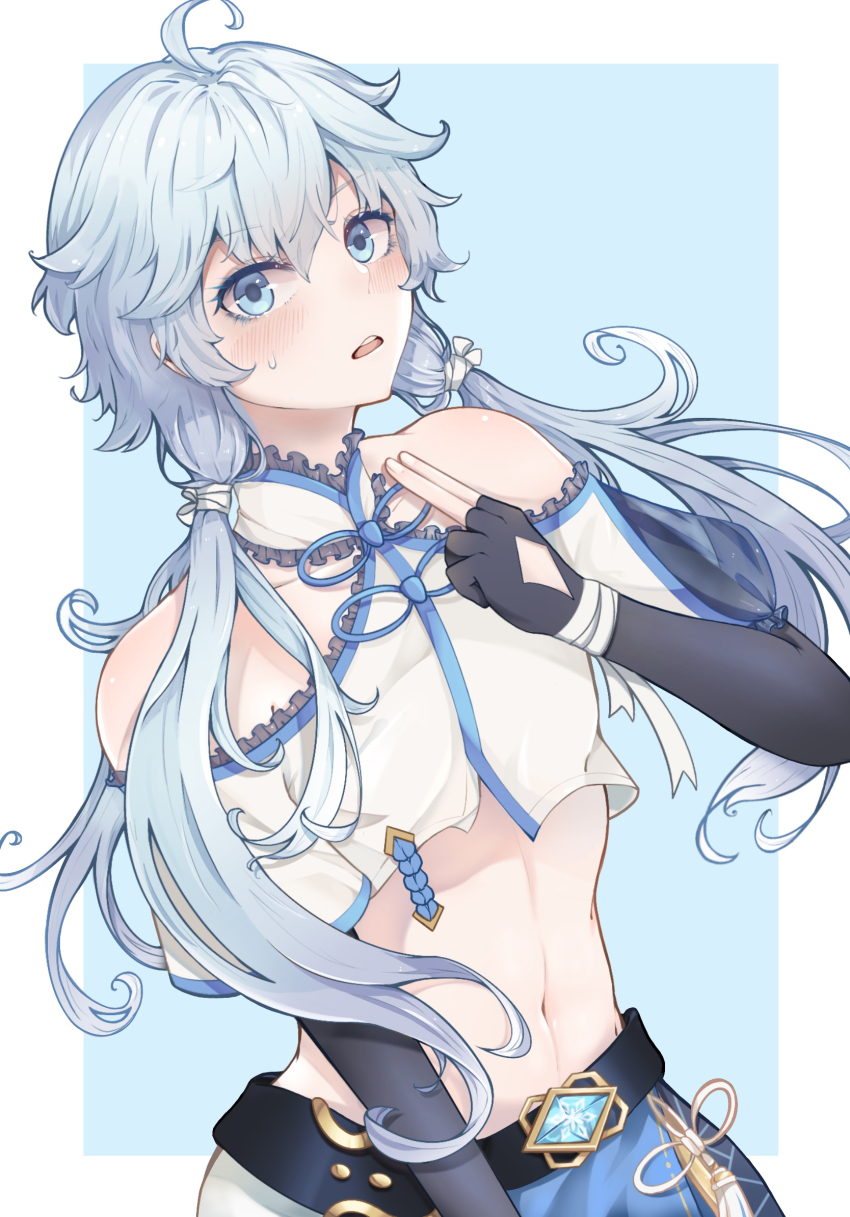 837560 bare_shoulders blue_eyes blue_hair blush chinese_clothes chongyun_(genshin_impact) detached_sleeves framed genderswap genderswap_(mtf) genshin_impact highres knot long_hair looking_at_viewer miniskirt open_mouth outside_border simple_background skirt smile solo tassel twintails upper_body vision_(genshin_impact)