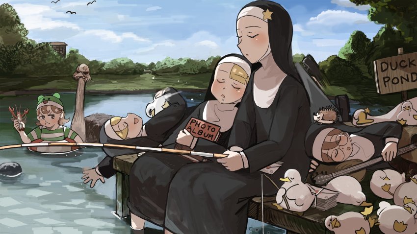 5girls :&lt; animal animal_hug animal_on_hand animal_on_head bird bird_on_hand blonde_hair book brown_eyes brown_hair bush catfish chicken closed_eyes clumsy_nun_(diva) commentary crayfish diva_(hyxpk) dock drooling duck english_commentary envelope falling fish fishing fishing_rod froggy_nun_(diva) glasses glasses_nun_(diva) goose guitar habit hedgehog highres holding holding_book holding_fishing_rod holding_instrument hugging_book hugging_object instrument letter lifebuoy little_nuns_(diva) motion_blur multiple_girls nun old-fashioned_swimsuit on_head one-piece_swimsuit ostrich outdoors partially_submerged photo_album pond rock sign sleeping sleeping_upright slice_of_life spicy_nun_(diva) star_(symbol) star_nun_(diva) striped_clothes striped_one-piece_swimsuit swim_cap swim_ring swimsuit traditional_nun when_you_see_it