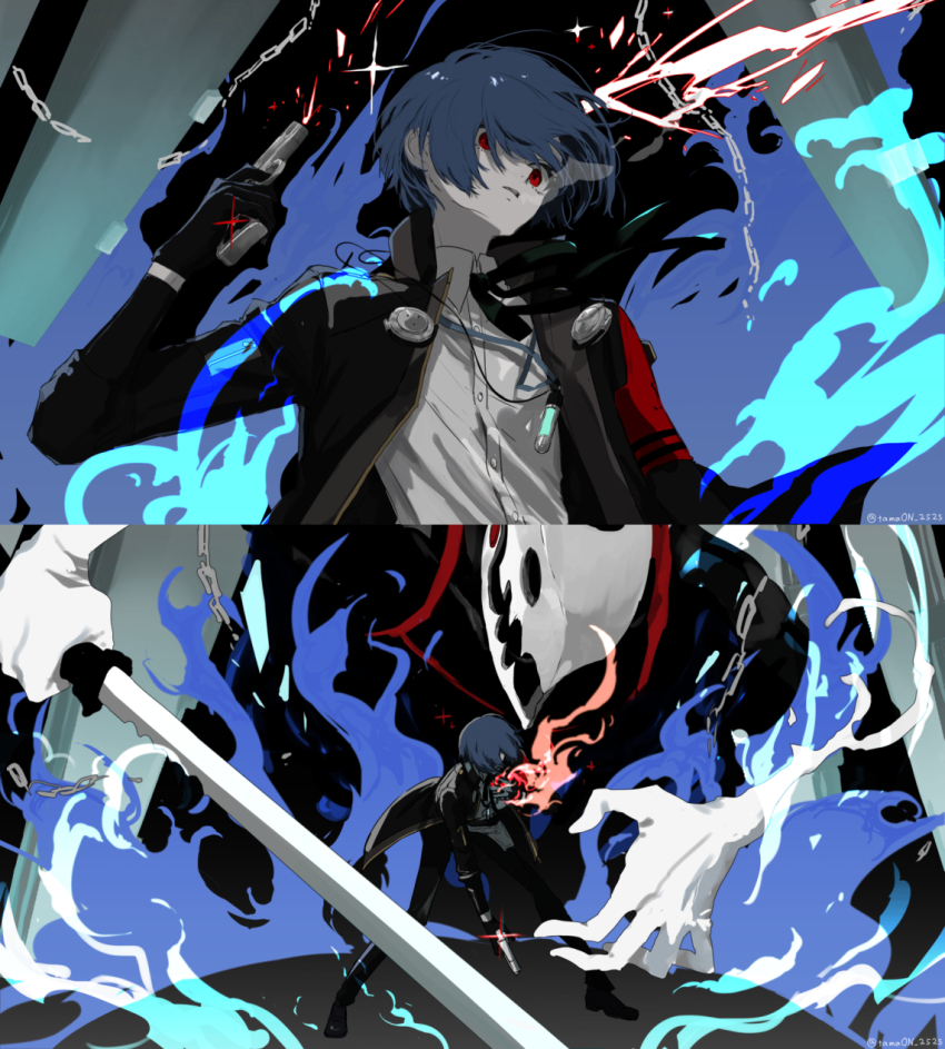 1boy armband black_gloves black_jacket black_ribbon blue_fire blue_hair chain collared_shirt commentary_request dark_blue_hair digital_media_player digital_walkman dust_cloud earphones evoker fighting_stance fire from_behind gekkoukan_high_school_uniform gloves gun headphones headphones_around_neck highres holding holding_gun holding_sword holding_weapon jacket long_sleeves looking_at_viewer male_focus multiple_views neck_ribbon open_clothes open_jacket parted_lips persona persona_(summon) persona_3 persona_3_reload red_armband red_eyes ribbon s.e.e.s school_uniform shirt short_hair size_difference standing sword tamaon_2525 thanatos_(persona) walkman_nw-s203f weapon white_gloves white_shirt yuuki_makoto_(persona_3)
