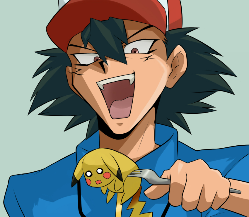 1boy ash_ketchum bad_id bad_pixiv_id bakura_ryou child creature_as_food fork gen_1_pokemon highres matsumoto_rica nintendo o_o parody pikachu pokemon pokemon_(anime) pokemon_(creature) style_parody turizao voice_actor_connection yu-gi-oh! yu-gi-oh!_duel_monsters