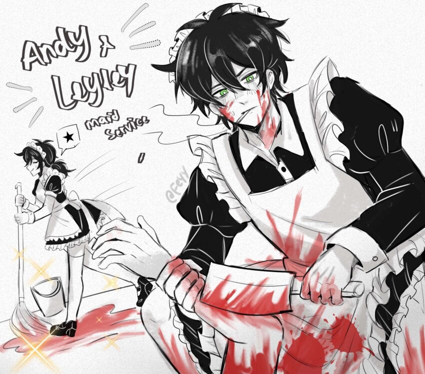 1boy 1girl alternate_costume andrew_graves apron ashley_graves back_bow bags_under_eyes black_dress black_footwear black_hair blood blood_on_clothes blood_on_face blood_on_ground blood_on_hands blood_on_leg blood_on_neck blood_splatter bloody_weapon blush bow brother_and_sister bucket character_name cigarette cleaver closed_eyes closed_mouth collared_dress crossdressing detached_arm dress enmaided felichiii frilled_apron frilled_dress frills furrowed_brow green_eyes hair_between_eyes highres holding holding_cleaver holding_mop juliet_sleeves long_hair long_sleeves low_ponytail maid maid_apron maid_headdress male_maid mary_janes messy_hair mop mopping motion_lines mouth_hold petticoat ponytail profile puffy_short_sleeves puffy_sleeves shoes short_hair short_sleeves siblings smile sparkle spoken_star spread_legs squatting star_(symbol) sweatdrop the_coffin_of_andy_and_leyley thighhighs twitter_username v-shaped_eyebrows walking weapon white_apron white_background white_thighhighs wing_collar wrist_cuffs