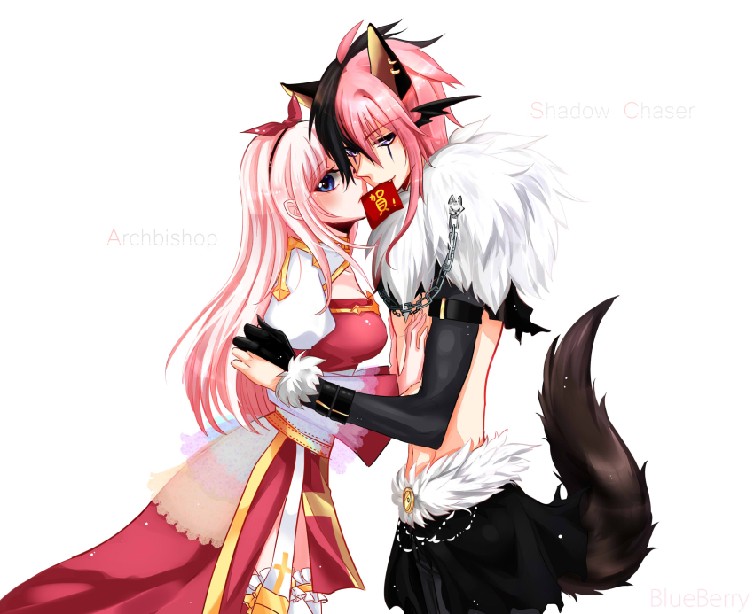 1boy 1girl ahoge animal_ear_piercing animal_ears arch_bishop_(ragnarok_online) bishounen black_cape black_eyeliner black_gloves black_hair black_wings blue_eyes blush breasts cape character_name cleavage_cutout clothing_cutout commentary_request cowboy_shot cross dress ear_wings earrings elbow_gloves eyeliner facepaint fang frilled_thighhighs frills gloves hair_between_eyes hands_on_another&#039;s_chest hands_on_another&#039;s_shoulder hetero highres hongbao jewelry juliet_sleeves lanmei_jiang long_bangs long_hair long_sleeves looking_at_viewer looking_to_the_side makeup medium_breasts multicolored_hair multiple_earrings open_mouth partially_fingerless_gloves pelvic_curtain pink_hair puffy_sleeves ragnarok_online red_dress shadow_chaser_(ragnarok_online) sidelocks smile split-color_hair tail thighhighs two-tone_dress variant_set waist_cape white_dress white_thighhighs wings wolf_boy wolf_ears wolf_tail
