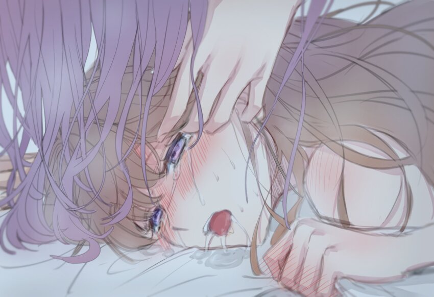 2girls blush brown_hair commentary crying crying_with_eyes_open drooling fujishima_megumi half-closed_eyes hand_on_another&#039;s_face highres link!_like!_love_live! long_hair love_live! lying multiple_girls nose_blush on_bed on_stomach open_mouth otomune_kozue out_of_frame purple_eyes purple_hair saliva saliva_pool shoulder_blush sweat tears tongue very_sweaty virtual_youtuber yuri zenma_trang