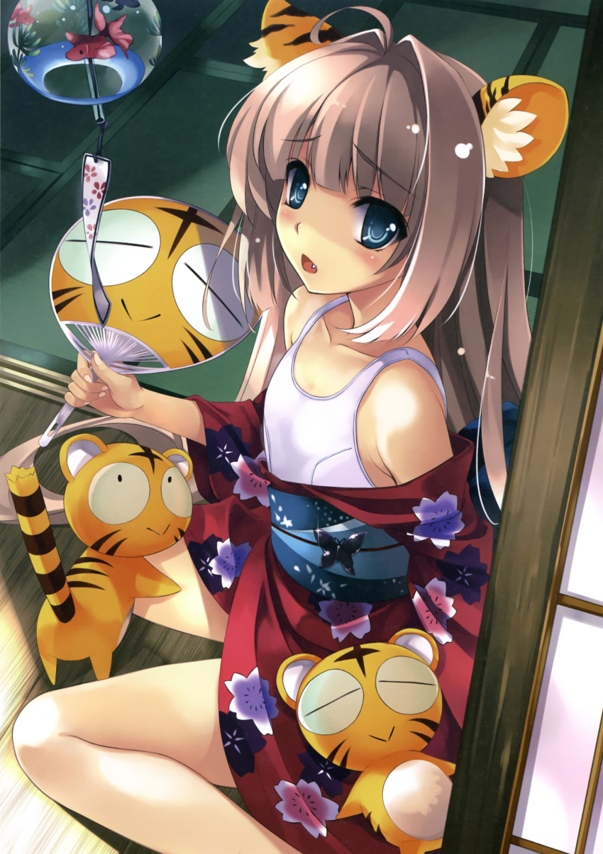 1girl absurdres animal_ears comic_toranoana fang female_focus flat_chest hand_fan highres japanese_clothes kimono kotora_(toranoana) legs long_hair mascot misaki_kurehito one-piece_swimsuit open_mouth paper_fan school_swimsuit solo swimsuit swimsuit_under_clothes tiger tiger_ears uchiwa very_long_hair white_one-piece_swimsuit white_school_swimsuit wind_chime yukata