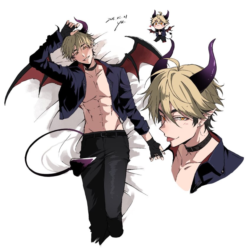1boy abs alternate_costume arm_up artist_name bare_pectorals bed_sheet belt black_belt black_choker black_gloves black_hair black_nails black_pants blonde_hair blue_jacket blush chibi chibi_inset chinese_commentary choker collarbone dated demon_boy demon_horns demon_tail demon_wings ear_piercing earrings fingerless_gloves gloves grin groin highres horns jacket jewelry looking_at_viewer lying male_focus multicolored_hair multiple_views nail_polish nakazawa_yuki navel on_back on_bed open_clothes open_jacket orange_eyes pants pectorals piercing pointy_ears shiguang_dailiren short_hair smile stomach tail toned toned_male tongue tongue_out wings xia_fei yellow_eyes