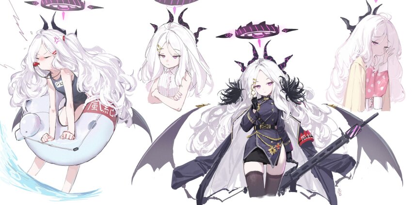 1girl ahoge anger_vein belt black_coat black_gloves black_skirt black_thighhighs blowing_whistle blue_archive cardigan cardigan_on_shoulders coat coat_on_shoulders collared_shirt commentary_request countryman_(artist) demon_girl demon_horns demon_wings forehead fur-trimmed_coat fur_trim gloves gun hair_between_eyes hair_ornament hairclip halo highres hina_(blue_archive) hina_(pajamas)_(blue_archive) hina_(swimsuit)_(blue_archive) holding holding_gun holding_swim_ring holding_weapon horns innertube leaning_forward long_hair long_sleeves looking_at_viewer machine_gun mg42 military_uniform name_tag official_alternate_costume official_alternate_hairstyle old_school_swimsuit one_eye_closed open_cardigan open_clothes open_coat pajamas parted_bangs pencil_skirt pink_pajamas polka_dot polka_dot_pajamas purple_eyes sam_browne_belt school_swimsuit shirt side_slit sidelocks simple_background sketch skirt sleepy sleeveless sleeveless_shirt swim_ring swimsuit thighhighs waking_up wavy_hair weapon white_background white_hair white_shirt wings yellow_cardigan zettai_ryouiki