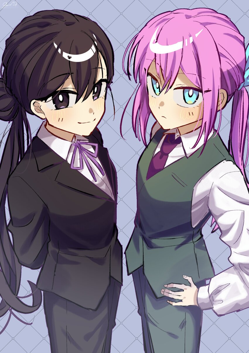 2girls absurdres alternate_costume alternate_hairstyle aubrey_(faraway)_(omori) aubrey_(omori) black_eyes black_hair black_pants blue_eyes blue_ribbon blush bright_pupils butler closed_mouth female_butler genk1zam4s grey_pants hair_ribbon hand_on_own_hip highres long_hair long_sleeves looking_at_viewer mari_(faraway)_(omori) mari_(omori) multiple_girls omori pants pink_hair ponytail ribbon smile white_pupils