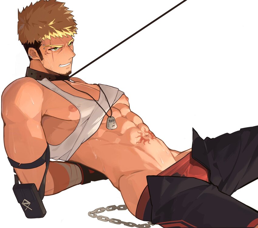 1boy abs arms_behind_back ass_peek bara blonde_hair bulge chain eloseu_(haribochase) facial_hair feet_out_of_frame from_side goatee groin gyee highres large_pectorals leash long_sideburns male_focus male_underwear mature_male muscular muscular_male navel nipples open_fly original pectoral_cleavage pectorals red_male_underwear romg sanpaku scar scar_across_eye scar_on_face short_hair sideburns sidepec stomach_tattoo tattoo thick_eyebrows undercut underwear