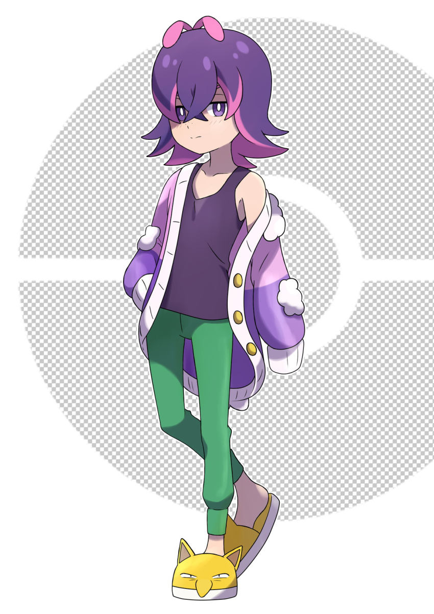 1girl asatsuki_(fgfff) bright_pupils buttons cardigan closed_mouth commentary_request crossed_bangs dot_(pokemon) full_body gen_1_pokemon green_pants hand_in_pocket highres hypno medium_hair multicolored_hair nintendo open_cardigan open_clothes pants pink_hair pokemon pokemon_(anime) pokemon_horizons purple_cardigan purple_eyes purple_hair shirt single_off_shoulder sleeveless sleeveless_shirt slippers solo standing themed_object two-tone_hair white_pupils yellow_slippers