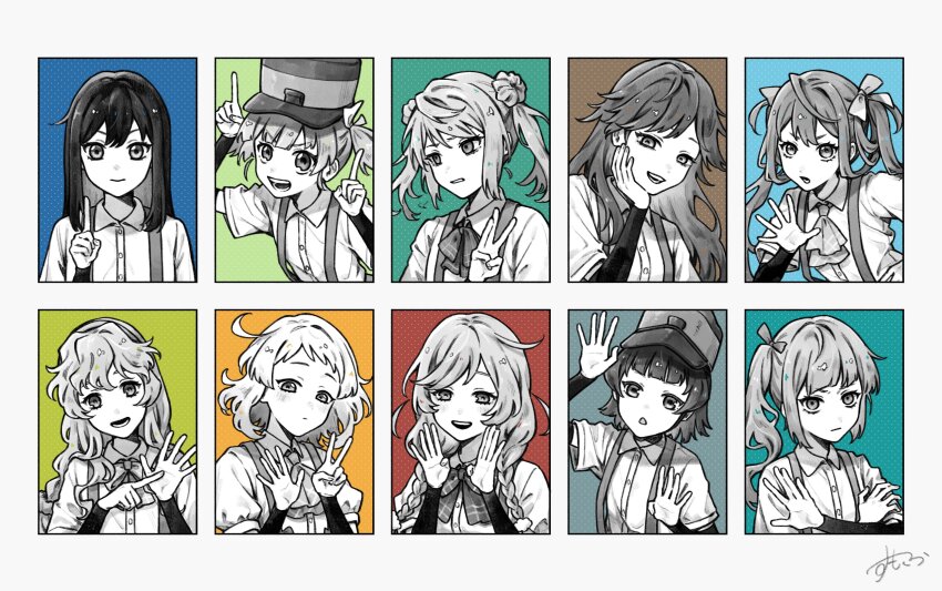 absurdres arare_(kancolle) arashio_(kancolle) arm_warmers asagumo_(kancolle) asashio_(kancolle) ascot dress_shirt finger_counting greyscale hairband hat highres index_finger_raised kantai_collection kasumi_(kancolle) long_hair michishio_(kancolle) minegumo_(kancolle) monochrome natsugumo_(kancolle) neck_ribbon ooshio_(kancolle) open_hand ribbon shirt short_hair side_ponytail spot_color sumoffu suspenders twintails yamagumo_(kancolle)