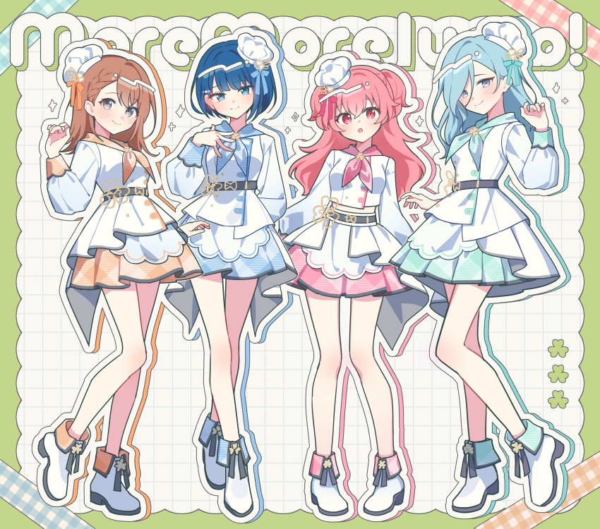 4girls :o absurdres bare_legs belt blue_eyes blue_hair blue_neckerchief blue_skirt blush border brown_hair coat commentary_request contrapposto full_body green_background green_eyes grey_eyes grid_background hair_over_one_eye hanasato_minori hand_on_own_chest hat highres hinomori_shizuku kiritani_haruka long_hair long_sleeves looking_at_viewer mini_hat momoi_airi more_more_jump!_(project_sekai) multiple_girls neckerchief open_mouth orange_neckerchief pink_hair pink_skirt plaid_clothes plaid_skirt pleated_skirt project_sekai shoes short_hair simple_background skirt smile two_side_up waka_(wk4444) white_background white_coat white_hat white_shoes
