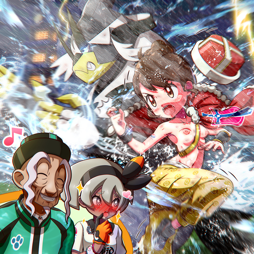 +_+ 1boy 2girls bea_(pokemon) black_hairband blush breasts brown_eyes brown_hair cape commentary_request fur-trimmed_cape fur_trim gen_8_pokemon gloria_(pokemon) green_jacket hairband hand_up hat heart highres jacket legendary_pokemon long_eyebrows multiple_girls musical_note mustard_(pokemon) nintendo nipples open_mouth pants poke_ball_print pokemon pokemon_(creature) pokemon_swsh red_cape red_headwear rorretsim shirt shoes short_hair sneakers sparkle strap teeth tongue topless_female upper_teeth_only urshifu white_shirt wristband yellow_pants