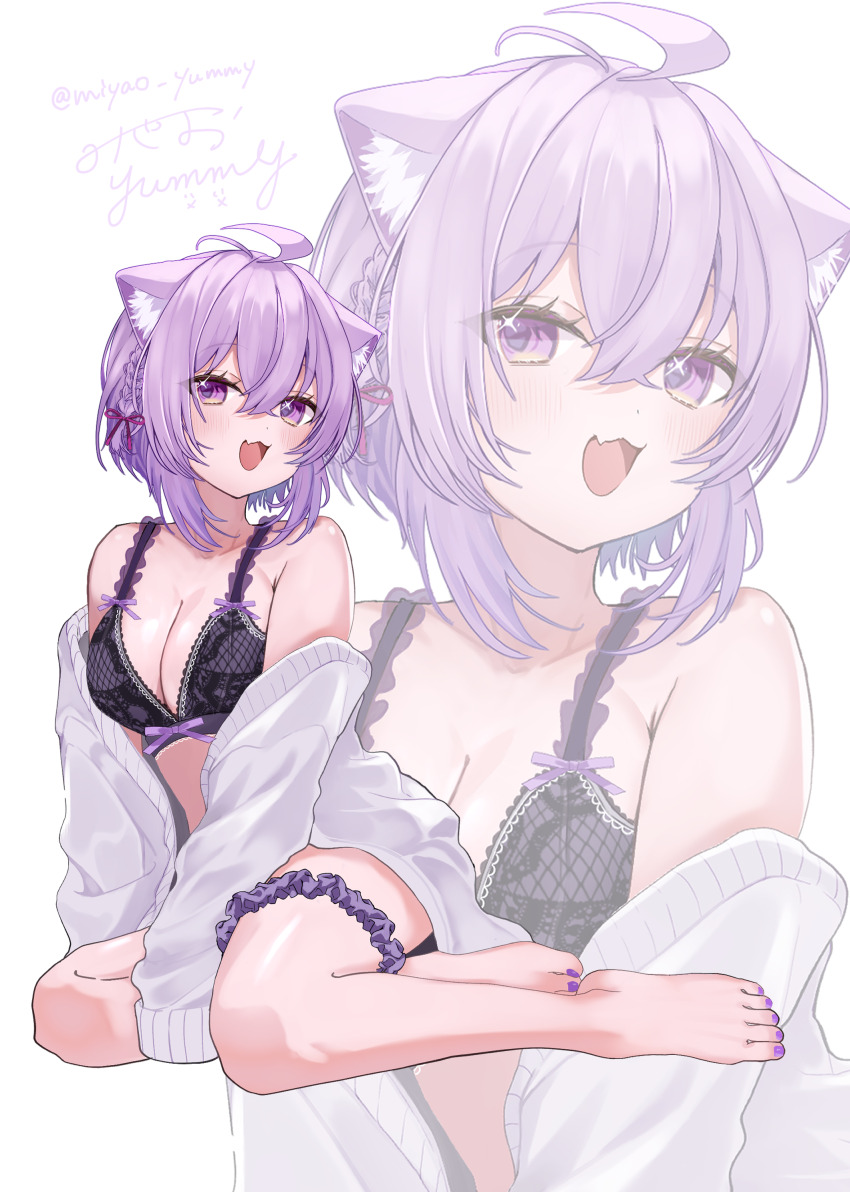 1girl :3 :d absurdres ahoge animal_ears barefoot black_bra bra braid cat_ears cat_girl cat_tail commentary_request crossed_bangs double-parted_bangs fang feet frilled_bra frills full_body gong_xu_yamii hair_between_eyes hair_ribbon highres hololive jacket lace lace-trimmed_bra lace_trim lingerie looking_at_viewer nail_polish nekomata_okayu off_shoulder open_mouth purple_eyes purple_hair purple_nails red_ribbon ribbon short_hair side_braids simple_background sitting skin_fang sleeves_past_fingers sleeves_past_wrists smile tail thigh_scrunchie toenail_polish toenails underwear virtual_youtuber white_background white_jacket yokozuwari zoom_layer