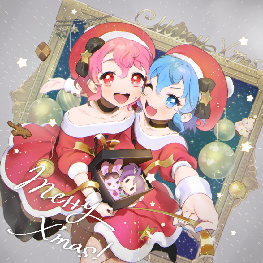 1boy 1girl :d alternate_costume bare_shoulders beret black_bow black_thighhighs blue_eyes blue_hair blue_nails blush bow box brother_and_sister character_doll christmas_ornaments commentary_request cookie doll dorothy_west dress food gift gift_box gingerbread_man hat heads_together highres holding holding_box looking_at_viewer merry_christmas mole mole_under_eye one_eye_closed open_mouth oshiri_(o4ritarou) outstretched_arm picture_frame pink_hair pretty_series pripara red_dress red_eyes red_headwear reona_west sailor_hat santa_costume short_hair siblings smile star_(symbol) strapless strapless_dress stuffed_animal stuffed_rabbit stuffed_toy thighhighs toudou_shion trap twins usagi_(pripara) wrist_cuffs