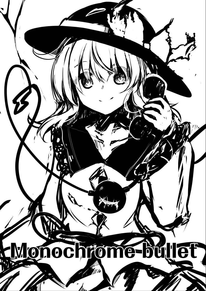 1girl absurdres blouse bow buttons closed_mouth commentary_request corded_phone cover cover_page diamond_button eyes_visible_through_hair frilled_shirt_collar frills greyscale hair_between_eyes hand_up hat hat_bow high_contrast highres holding holding_phone komeiji_koishi long_hair long_sleeves looking_at_viewer monochrome phone rapameri shirt smile solo split_mouth third_eye touhou upper_body
