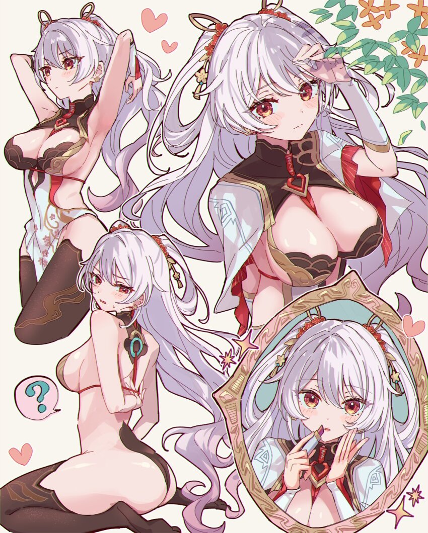 1girl ? applying_lipstick applying_makeup arms_up ass bare_shoulders black_collar black_thighhighs blush breasts cleavage closed_mouth collar commentary cosmetics dress earrings flower_earrings hair_ornament hair_spread_out hand_up heart highres holding holding_lipstick_tube honkai_(series) honkai_impact_3rd jewelry large_breasts lipstick_tube long_hair multiple_views no_shoes papipiko red_eyes sideboob sweatdrop theresa_apocalypse theresa_apocalypse_(luna_kindred) theresa_apocalypse_(lunar_vow:_crimson_love) theresa_apocalypse_(redolent_in_red) thighhighs thighs very_long_hair white_dress white_hair
