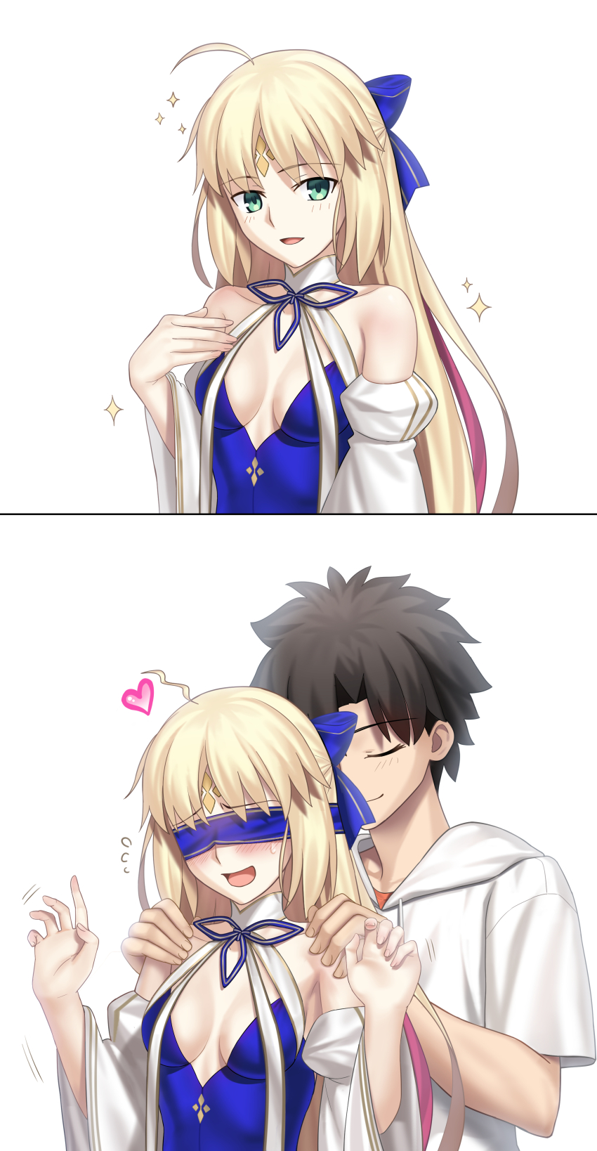 1boy 1girl absurdres ahoge artoria_caster_(fate) artoria_caster_(swimsuit)_(fate) artoria_caster_(swimsuit)_(third_ascension)_(fate) artoria_caster_(swimsuit_berserker)_(fate) artoria_caster_(swimsuit_berserker)_(third_ascension)_(fate) artoria_pendragon_(fate) bare_shoulders besmiled black_hair blindfold blonde_hair blue_one-piece_swimsuit blue_ribbon blush bow breasts closed_eyes detached_sleeves facial_mark fate/grand_order fate_(series) forehead_mark fujimaru_ritsuka_(male) fujimaru_ritsuka_(male)_(summer_street) green_eyes hair_bow heart highres hooded_shirt long_hair looking_at_viewer multiple_views one-piece_swimsuit open_mouth ribbon shirt short_hair short_sleeves small_breasts smile swimsuit twintails very_long_hair white_ribbon white_shirt white_sleeves wide_sleeves
