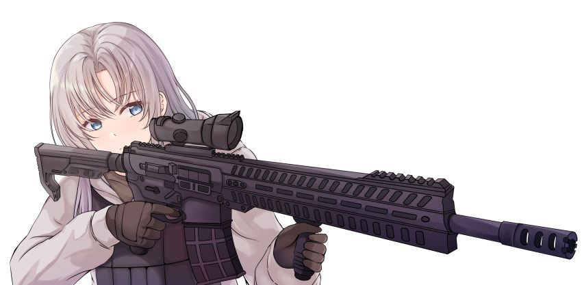 1girl absurdres aiming black_vest blue_eyes brown_gloves brown_shirt bulletproof_vest closed_mouth commentary commission english_commentary facing_viewer gloves grey_hair gun highres holding holding_gun holding_weapon long_hair long_sleeves pixiv_commission rifle shirt simple_background solo upper_body vest weapon welo white_background