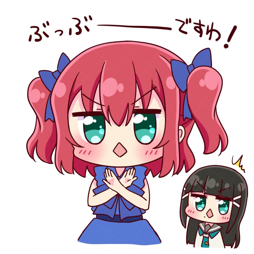 2girls ^^^ aqua_eyes black_hair blue_bow blue_dress blunt_bangs blush bow commentary_request diamond_mouth dress hair_bow highres jitome kurosawa_dia kurosawa_ruby long_hair love_live! love_live!_series_asia_tour_2024 love_live!_sunshine!! medium_hair mole mole_under_mouth multiple_girls open_mouth red_hair siblings simple_background sisters suppii translation_request two_side_up v-shaped_eyebrows white_background x_arms