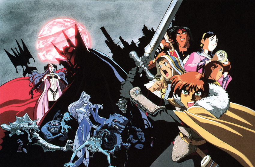 1990s_(style) 3boys 4girls alex_noah angry bandeau black_hair blonde_hair blue_eyes blue_hair bodypaint brown_hair cape dark-skinned_male dark_skin dress fantasy fur_trim ghaleon green_eyes grey_hair grin hairband headband highres holding holding_sword holding_weapon hood hood_up jessica_de_alkirk kubooka_toshiyuki kyle_(lunar) long_hair looking_at_viewer luna_noah lunar lunar:_the_silver_star magic markings mia_ausa monster multiple_boys multiple_girls nash_rumack non-web_source official_art official_wallpaper open_mouth outstretched_arm pointing ponytail retro_artstyle scan short_hair smile sword two-handed vile_tribe weapon widow&#039;s_peak xenobia