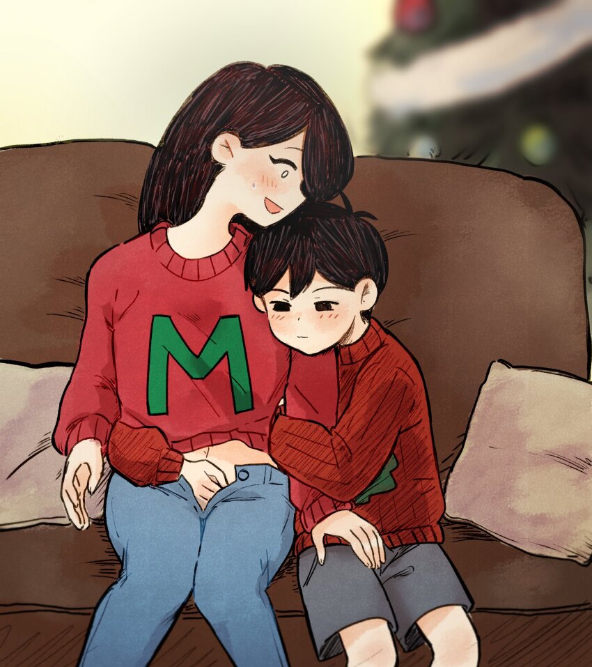 1boy 1girl age_difference black_hair blush brother_and_sister bulge christmas christmas_tree couch denim dilated_pupils dot_nose erection erection_under_clothes furrowed_brow hand_in_pants hand_on_another&#039;s_crotch hand_on_breasts hand_on_pussy hand_under_clothes handjob handjob_over_clothes highres incest indoors jeans kokomi_(aniesuakkaman) little_brother long_hair looking_at_another mari_(faraway)_(omori) mari_(omori) midriff_peek narrowed_eyes navel older_sister omori open_fly open_mouth open_pants pants pillow raised_eyebrows red_sweater short_hair shorts shota siblings sitting sunny_(omori) sweatdrop sweater teenage_girl_and_younger_boy unbuttoned_pants