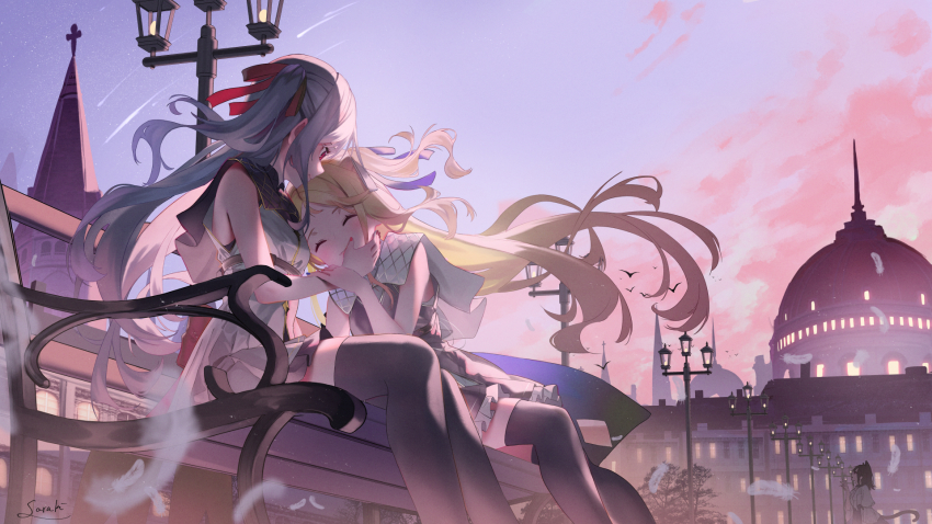 2girls ^_^ bare_arms bare_shoulders bench black_dress black_thighhighs blonde_hair blue_bow blue_sky blush bow closed_eyes closed_mouth cloud commentary_request dress falling_star feet_out_of_frame floating_hair frilled_dress frills grey_hair hair_bow hand_on_another&#039;s_face highres lamppost long_hair multiple_girls nail_polish on_bench one_side_up original outdoors park_bench red_bow red_nails saraki sitting sky sleeveless sleeveless_dress star_(sky) starry_sky thighhighs tower very_long_hair white_dress