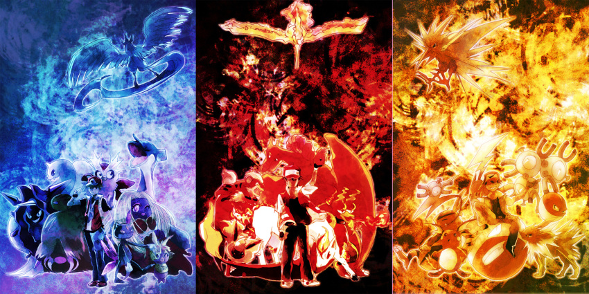 1boy articuno bad_id bad_pixiv_id baseball_cap blue_theme breath_weapon breathing_fire charizard cloyster delibird dewgong electrode_(pokemon) fiery_tail fingerless_gloves fire flame-tipped_tail flareon gen_1_pokemon gen_2_pokemon gloves growlithe hand_in_pocket hari_(atheos) hat highres jolteon jynx lapras legendary_pokemon magmar magnemite magneton moltres multiple_persona nintendo one_eye_closed open_mouth piloswine pokemon pokemon_(creature) ponyta raichu red_(pokemon) red_theme sitting smoochum sneasel swinub tail voltorb vulpix yellow_theme zapdos