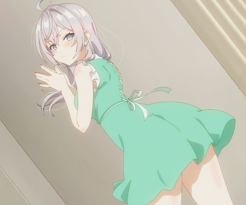 1girl ahoge alisa_mikhailovna_kujou anime_screenshot blue_eyes blush breasts dres dress frills green_dress highres long_hair looking_at_viewer looking_back palms_together sidelocks sleeveless solo stitched thighs third-party_edit tokidoki_bosotto_roshia-go_de_dereru_tonari_no_alya-san white_hair