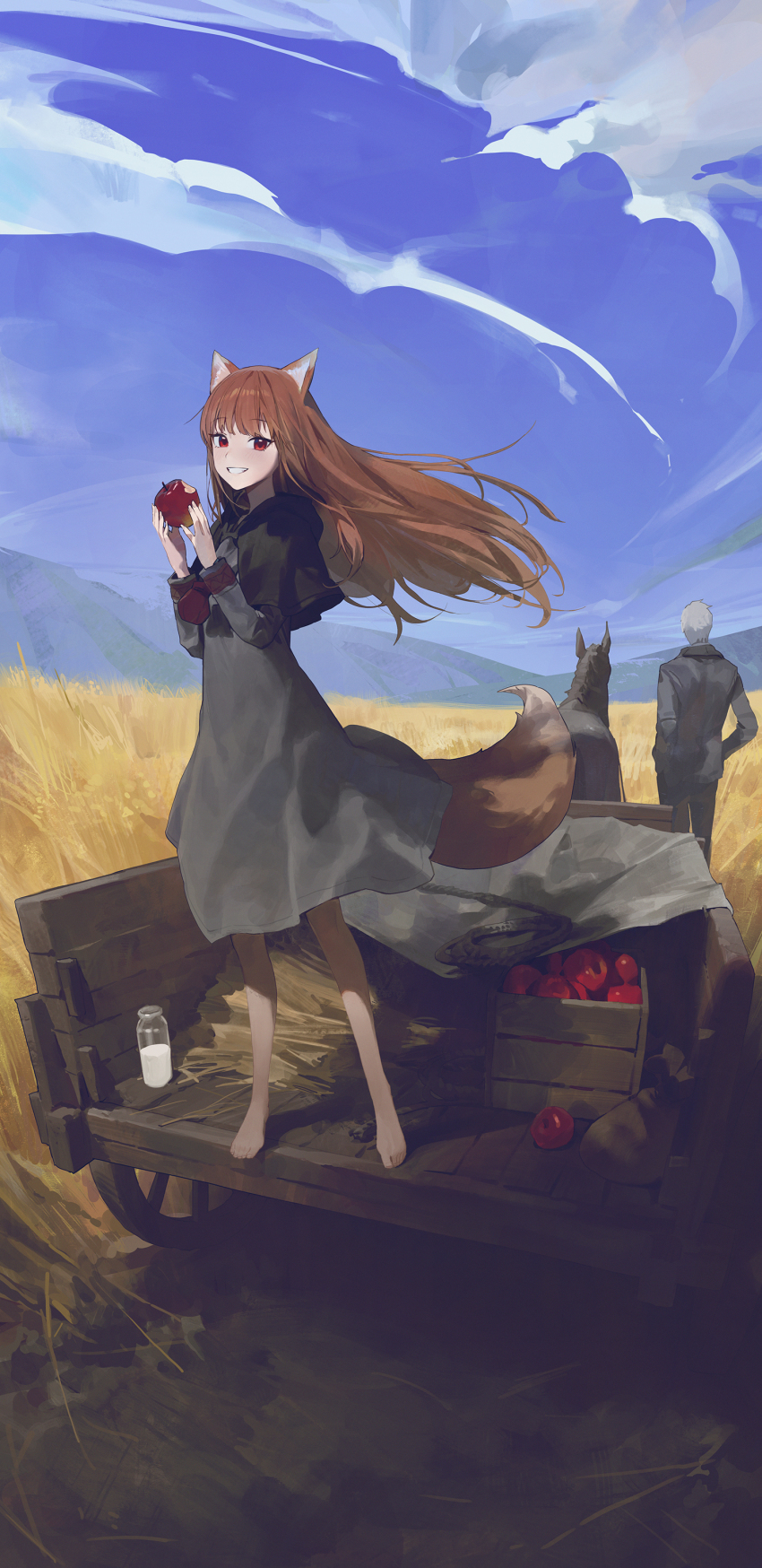 1boy 1girl absurdres animal_ears barefoot blue_sky brown_hair cart cloud craft_lawrence flat_chest food fruit highres holding holding_food holding_fruit holo horse long_hair modare mountainous_horizon outdoors red_eyes sack short_hair sky spice_and_wolf tail wheat white_hair wind wolf_ears wolf_girl wolf_tail