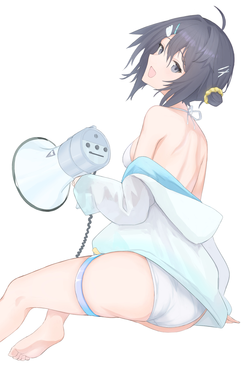 1girl 8ka43 :d absurdres arknights ass bikini black_eyes black_hair commentary foot_out_of_frame hair_between_eyes hair_ornament hairclip highres holding holding_megaphone invisible_chair la_pluma_(arknights) la_pluma_(summer_flowers)_(arknights) long_sleeves megaphone off_shoulder official_alternate_costume open_mouth short_hair simple_background sitting smile solo swimsuit turning_head white_background white_bikini