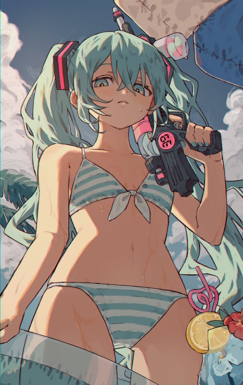 1girl 39 aqua_bikini aqua_eyes aqua_hair aqua_nails bikini breasts closed_mouth cloud cup drinking_glass drinking_straw expressionless food fruit hair_ornament hatsune_miku highres holding lemon lemon_slice long_hair looking_at_viewer navel palm_leaf small_breasts solo striped_bikini striped_clothes swimsuit tomoja_rs twintails vocaloid water_gun wet