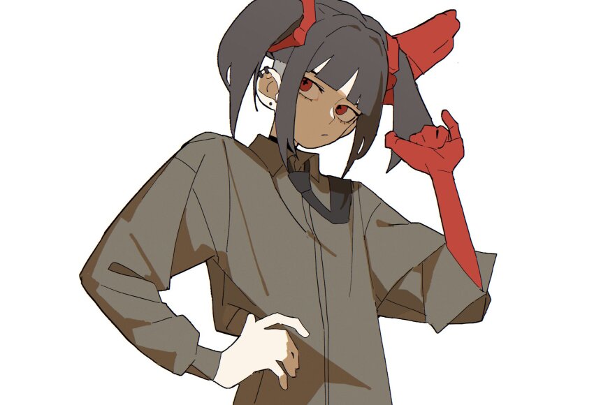 1girl :/ black_collar black_hair black_necktie blunt_bangs collar collared_shirt colored_extremities copyright_request cross-shaped_pupils ear_piercing earrings eyeliner film_grain grey_shirt hand_on_own_hip hand_up highres hoop_earrings jewelry joosibi long_sleeves looking_to_the_side makeup necktie necktie_over_shoulder open_cuffs piercing red_eyes red_hands shirt side_ponytail sidelocks simple_background solo standing stud_earrings symbol-shaped_pupils three_quarter_view undercut upper_body white_background