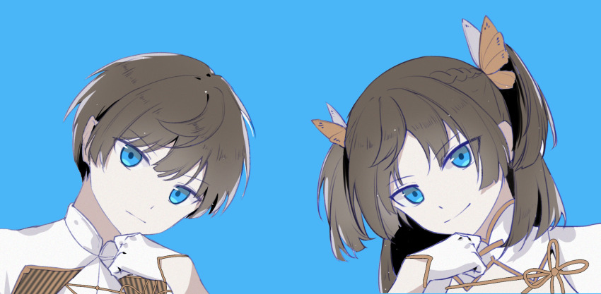 &gt;:) 1boy 1girl :| baiguigelierwan blue_background blue_eyes blunt_ends brown_hair butterfly_hair_ornament chinese_commentary closed_mouth dual_persona expressionless female_master_(the_tale_of_food) flower_knot gloves hair_between_eyes hair_ornament half_gloves head_on_hand head_rest highres jacket lapels long_sleeves looking_at_viewer male_master_(the_tale_of_food) mandarin_collar medium_hair parted_bangs portrait short_hair shrug_(clothing) simple_background smile the_tale_of_food two_side_up v-shaped_eyebrows white_gloves white_jacket